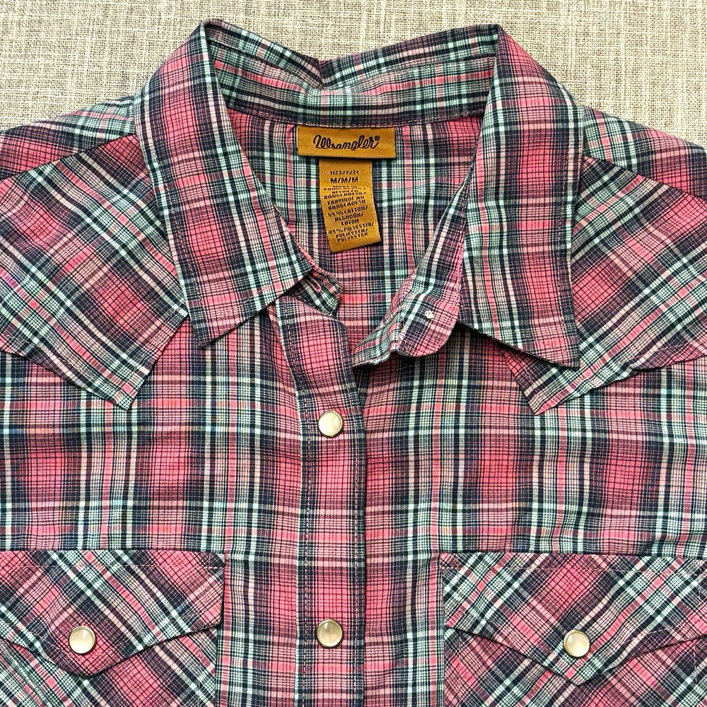 Wrangler Women's M Plaid Long Sleeve Pearl Snap Front Western Shirt Pink Green